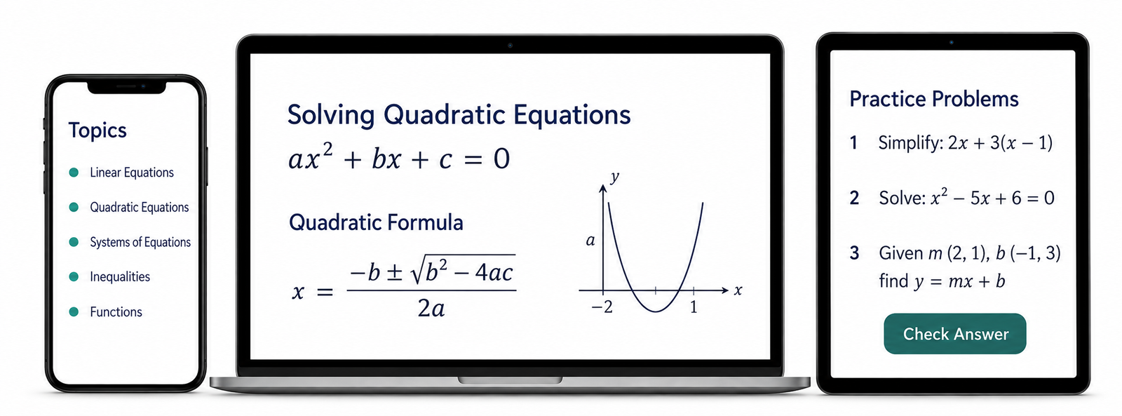 Phone, laptop and tablet displaying math lessons. The phone heading reads Topics.